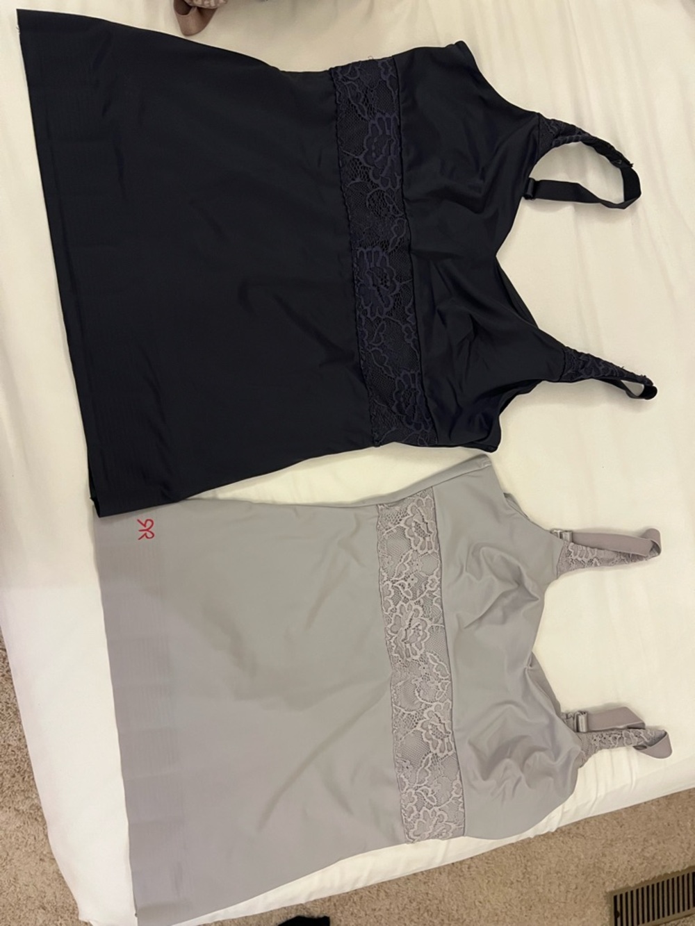 Ruby Ribbon Lace-Trim Chemise Tank in Black and Light Gray